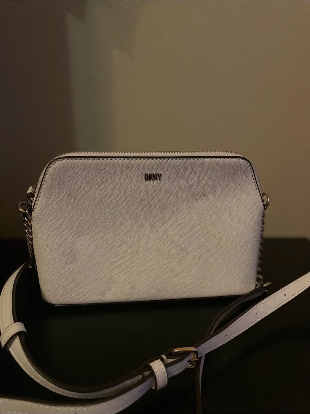 DKNY White Crossbody Camera Bag with Chain Strap